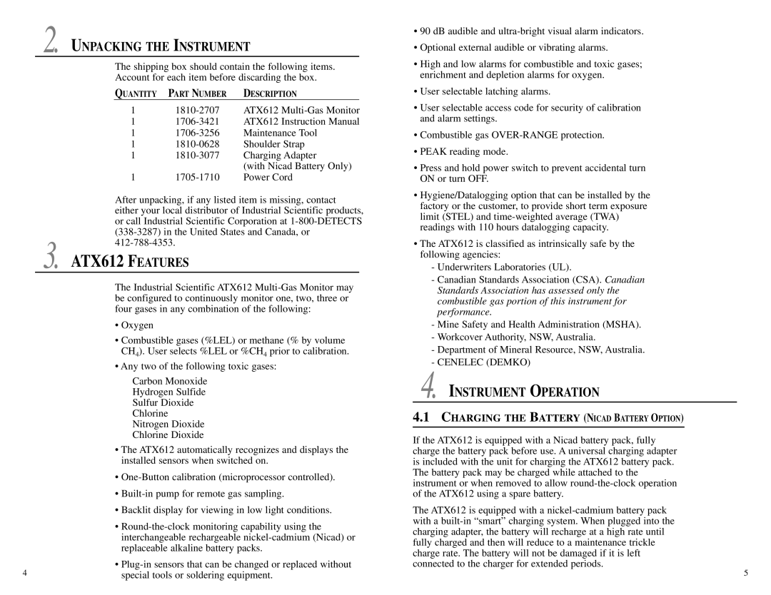 Energizer ATX612 specifications Unpacking the Instrument, Instrument Operation, Charging the Battery Nicad Battery Option 