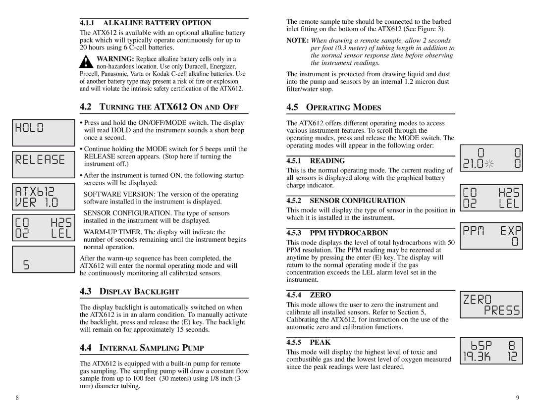 Energizer ATX612 specifications Hold Release, CO H2S, Ppm, Zero 