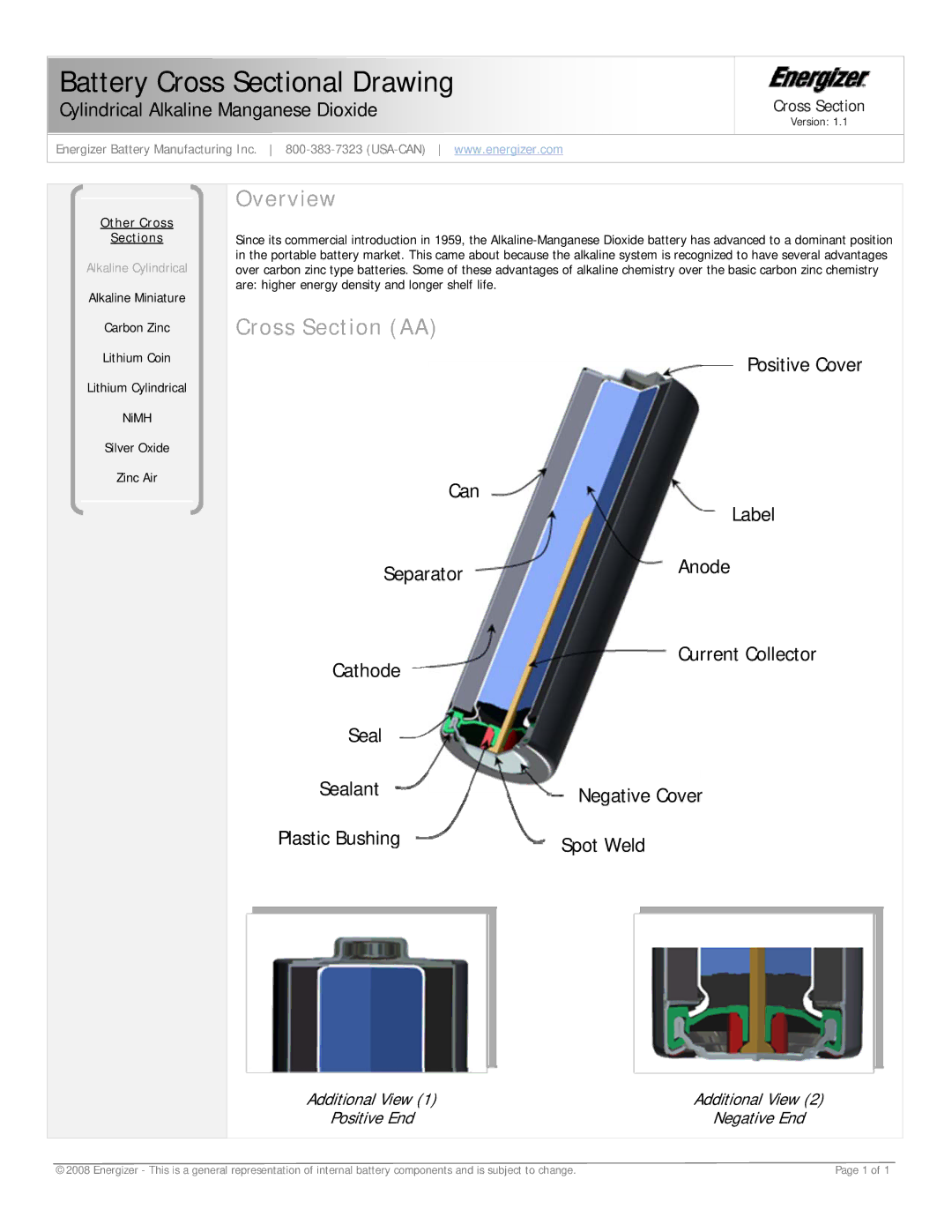 Energizer Battery Chargers manual Battery Cross Sectional Drawing, Overview, Cross Section AA 