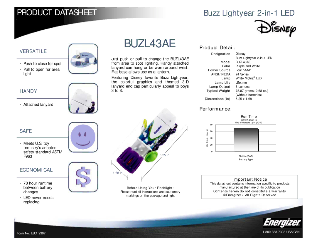 Energizer BUZL43AE dimensions Product Datasheet, Buzz Lightyear 2-in-1 LED, Product Detail, Performance 