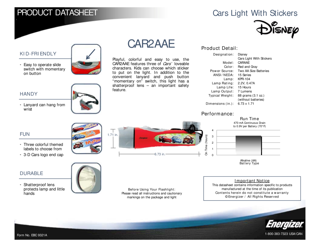 Energizer CAR2AAE dimensions Product Datasheet, Cars Light With Stickers, Kid-Friendly, Handy, Product Detail, Performance 