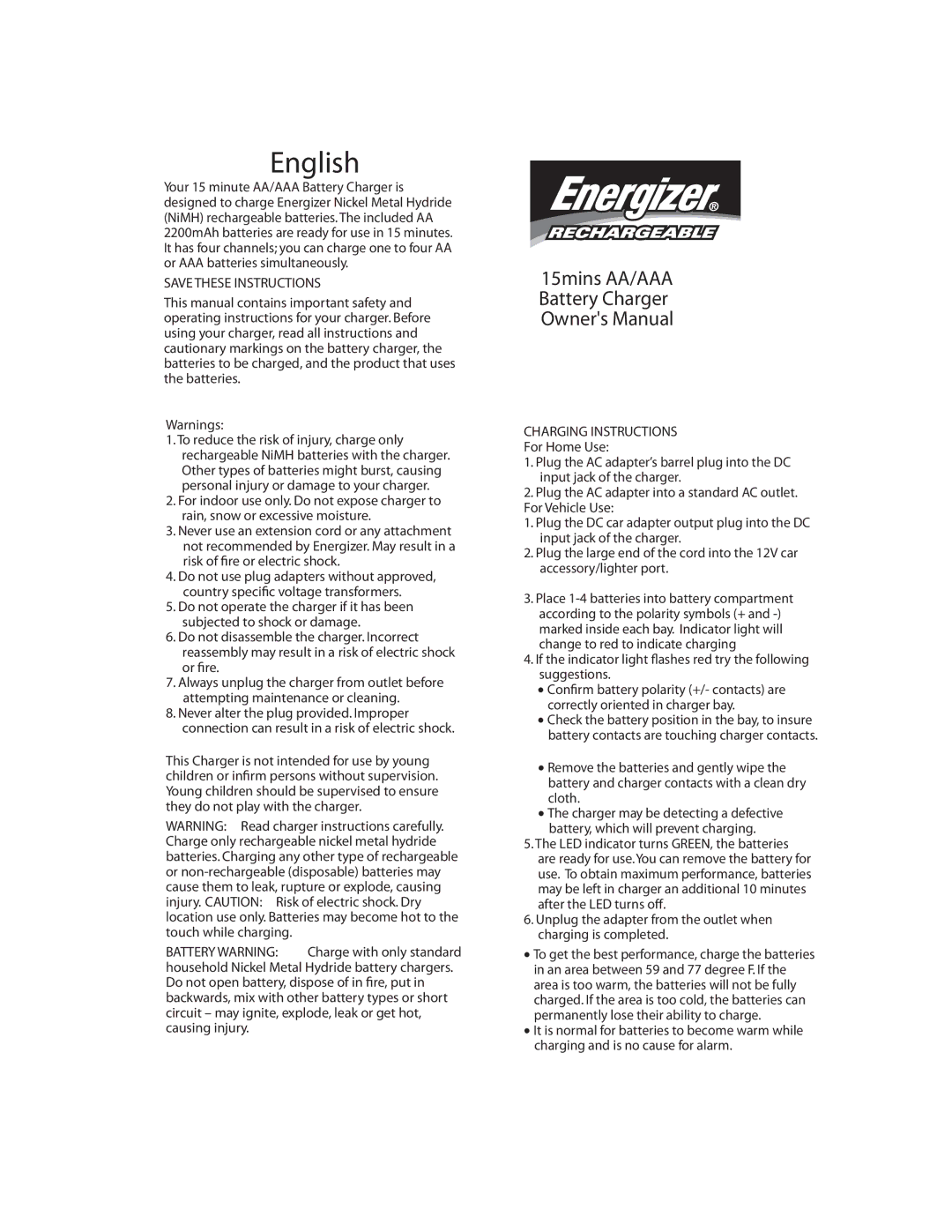 Energizer Battery Charger, CH15MNCP4 owner manual English, Charging Instructions, For Home Use, For Vehicle Use 