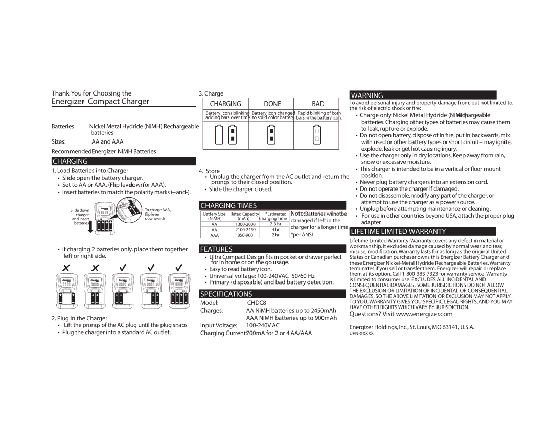 Energizer CHDC8 specifications Charging Times, Lifetime Limited Warranty, Features, Specifications 