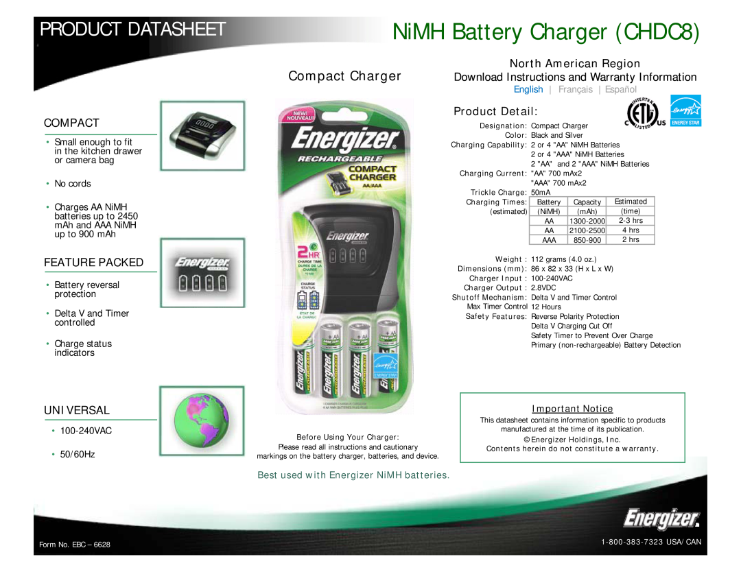 Energizer warranty NiMH Battery Charger CHDC8, Product Datasheet, Compact Charger, Feature Packed, Product Detail 