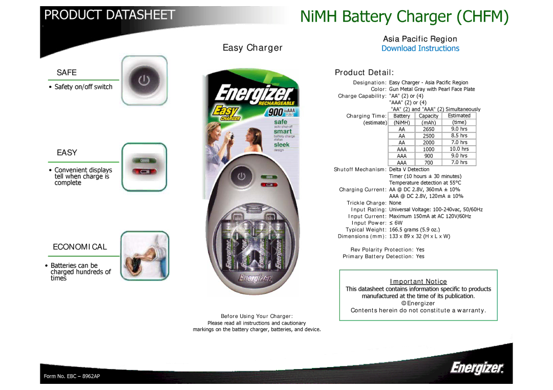 Energizer CHFM dimensions Safe, Easy, Economical 