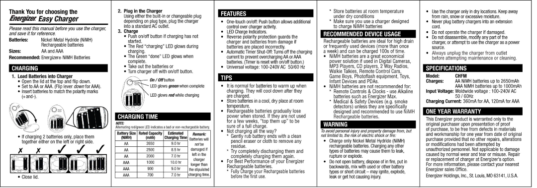 Energizer CHFM manual 