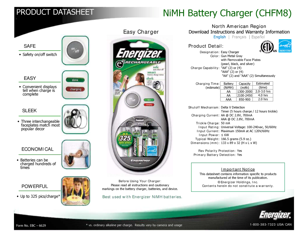 Energizer warranty NiMH Battery Charger CHFM8, Product Datasheet, Easy Charger 