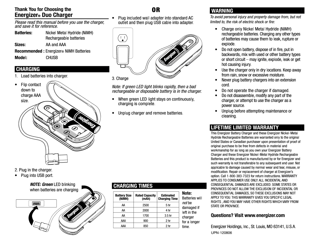 Energizer CHU58 manual 