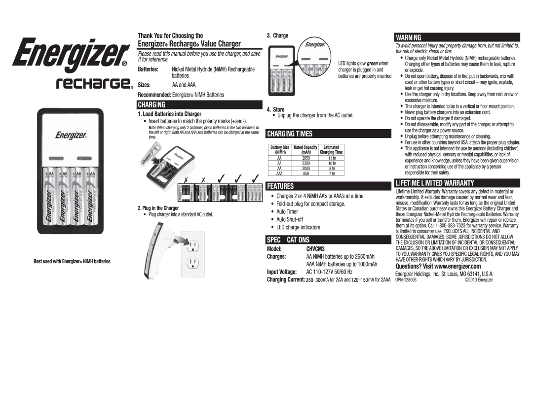 Energizer CHVCM3 manual 