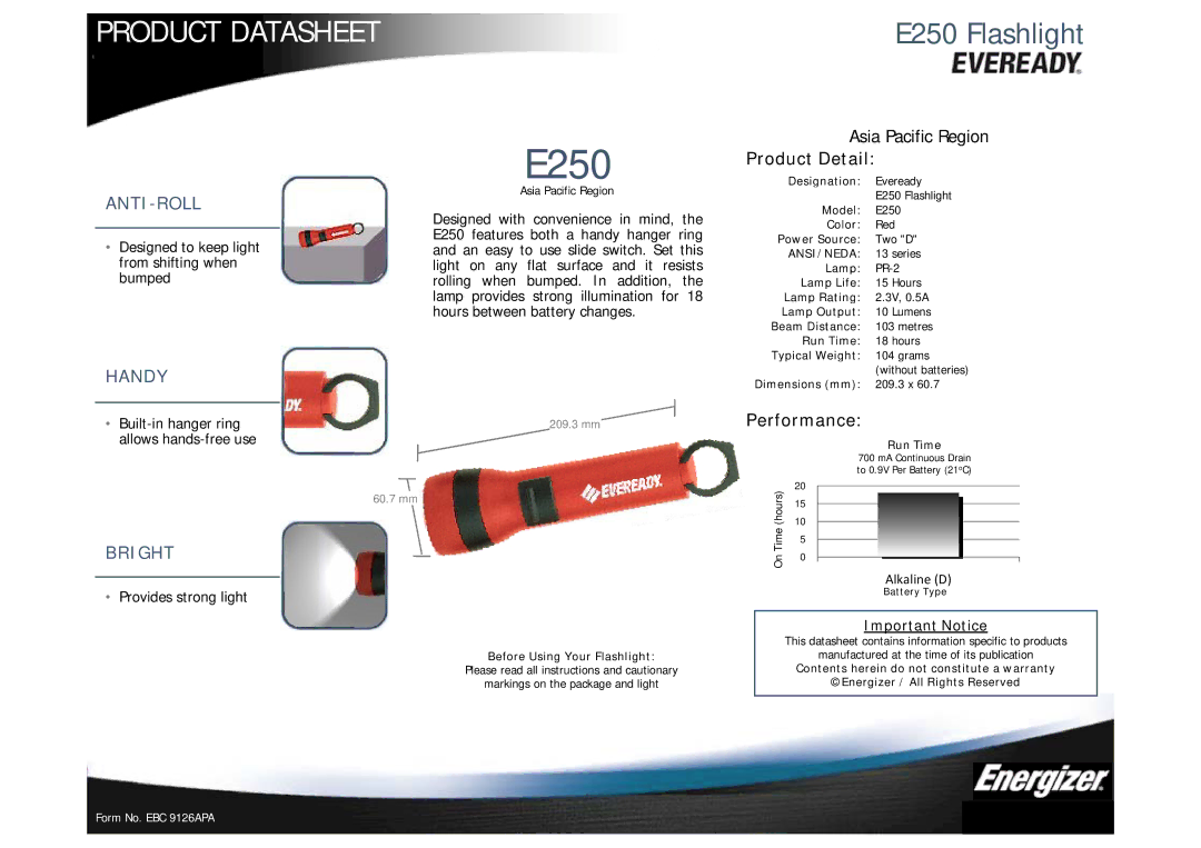 Energizer dimensions Product Datasheet, E250 Flashlight, Product Detail, Performance 