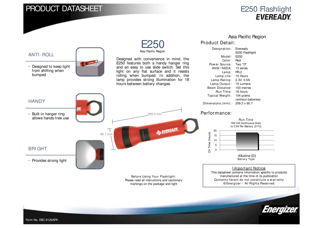 Energizer dimensions Product Datasheet, E250 Flashlight, Anti-Roll, Handy, Bright, Asia Pacific Region, Product Detail 