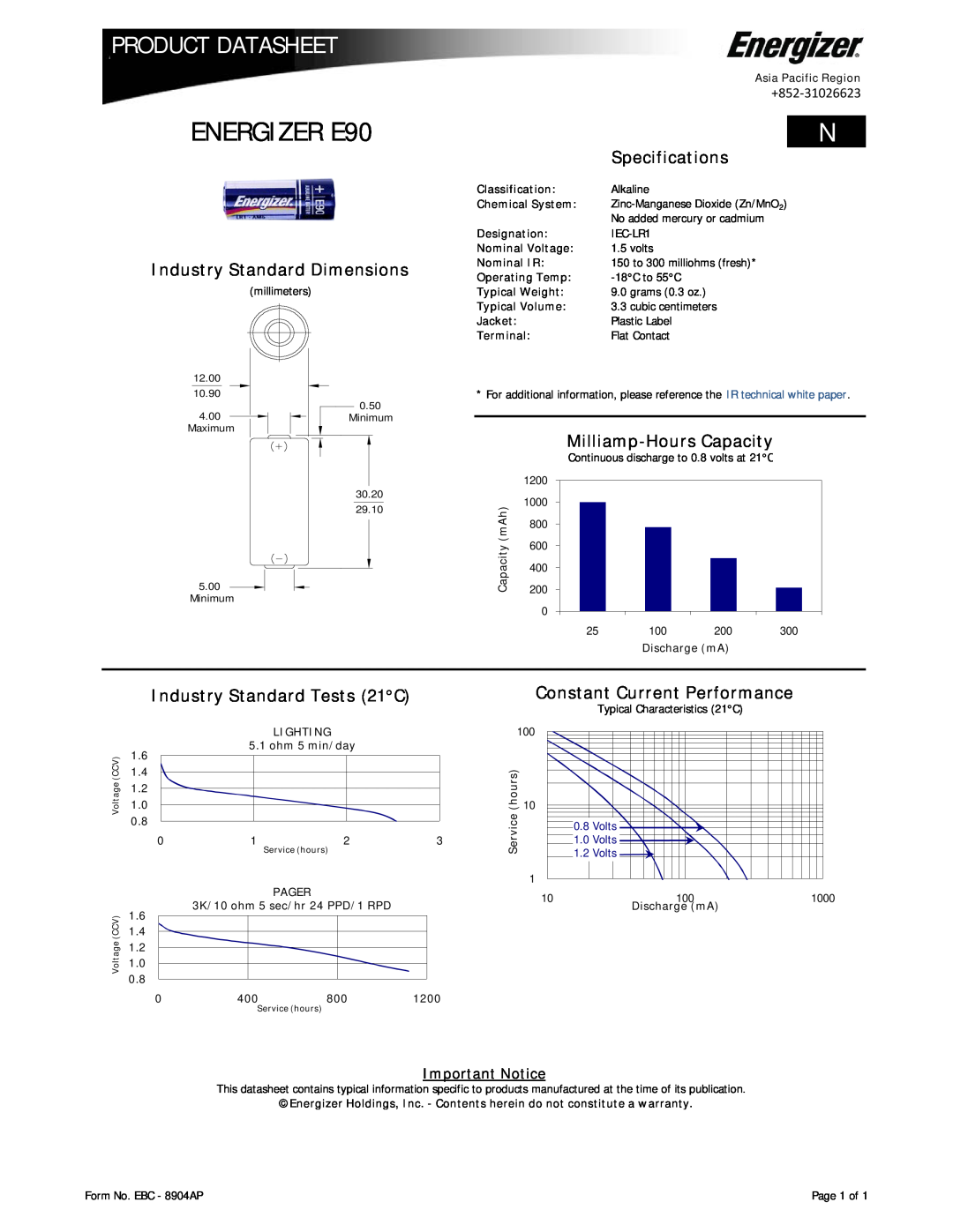 Energizer dimensions ENERGIZER E90, Product Datasheet, Industry Standard Dimensions, Industry Standard Tests 21C, Volts 