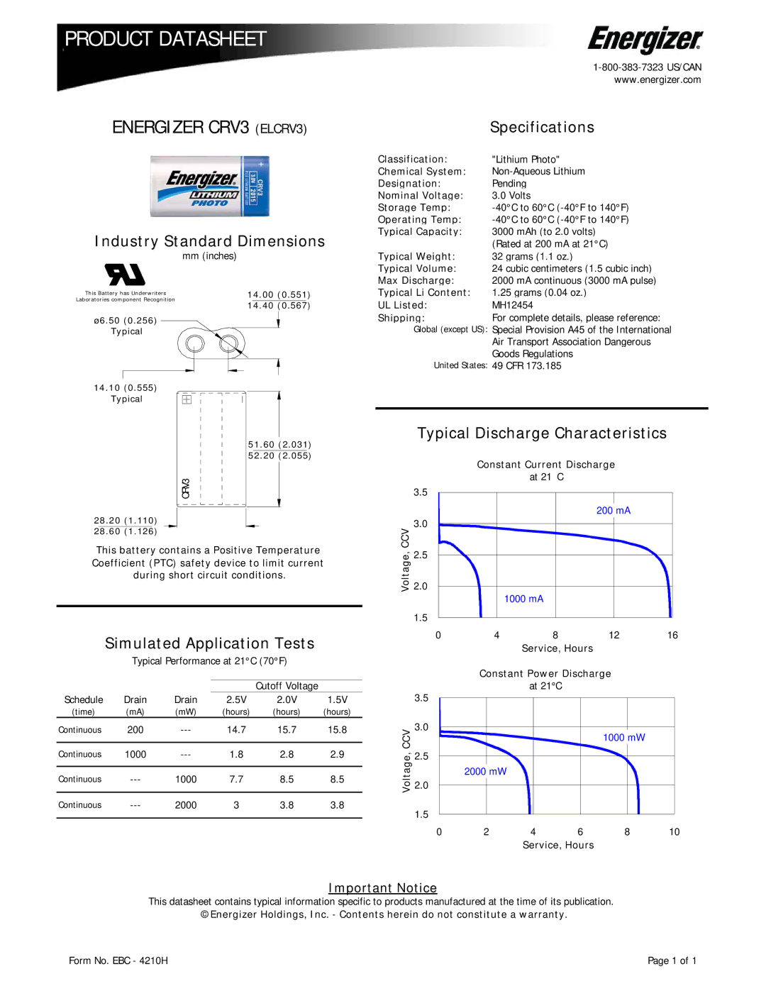 Energizer ELCRV3 specifications Industry Standard Dimensions, Specifications, Simulated Application Tests 