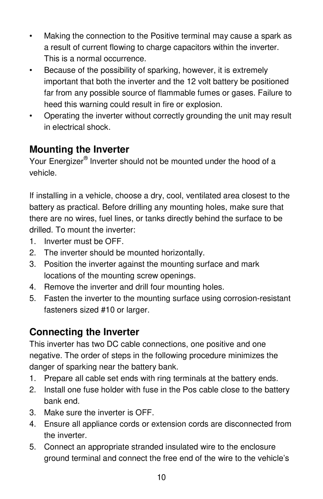 Energizer EN1100 manual Mounting the Inverter, Connecting the Inverter 