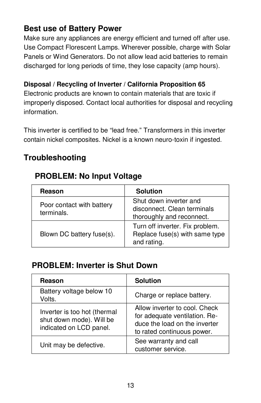 Energizer EN1100 manual Best use of Battery Power, Troubleshooting Problem No Input Voltage, Problem Inverter is Shut Down 