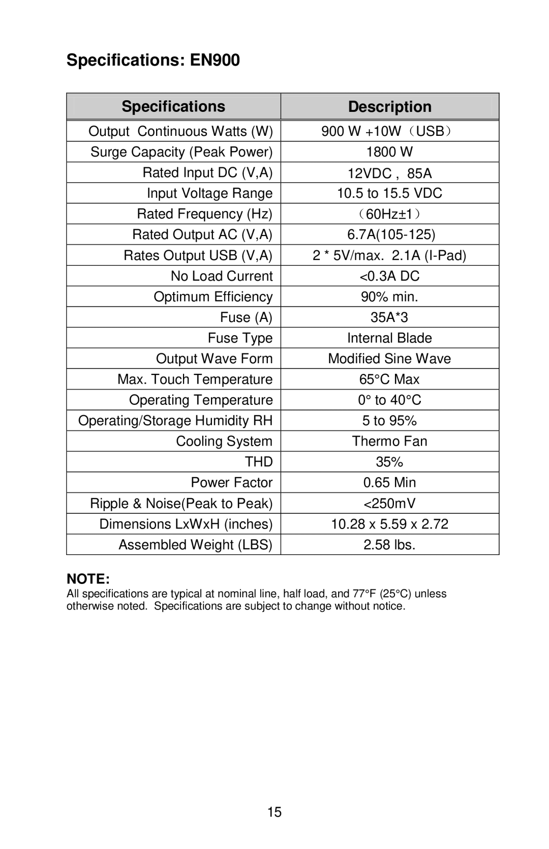 Energizer EN1100 manual Specifications EN900, Specifications Description 