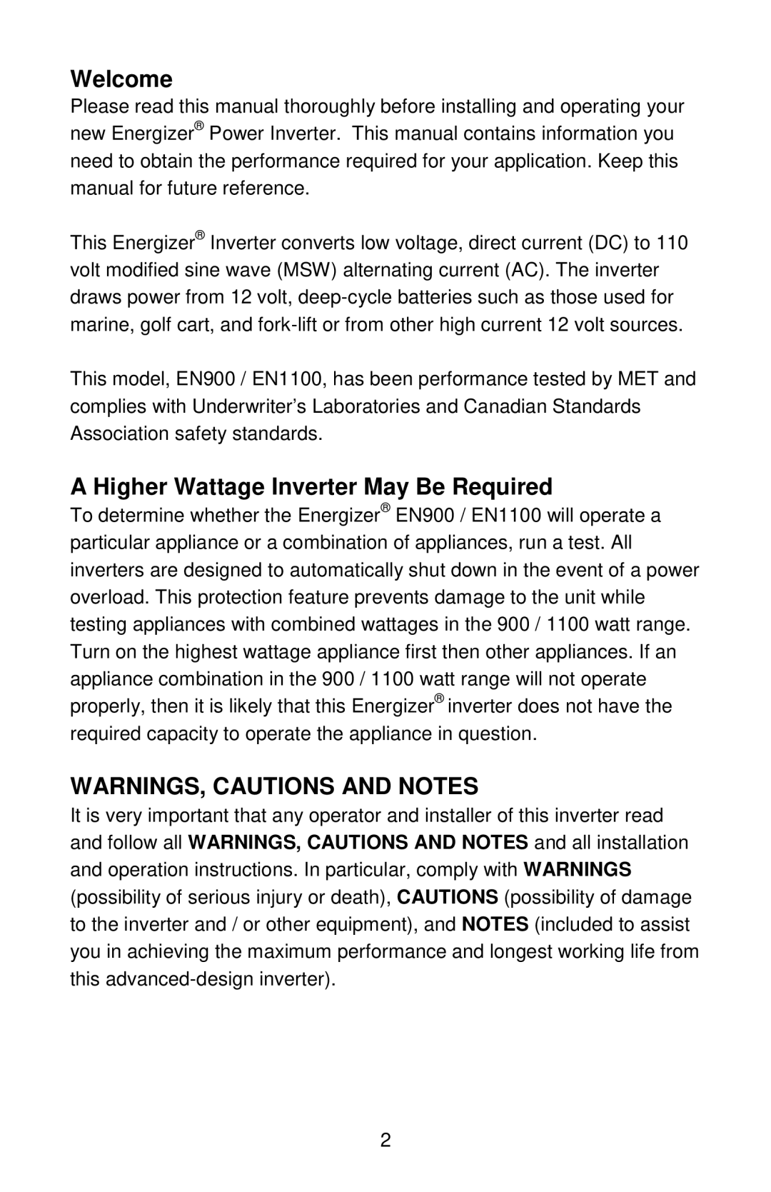 Energizer EN1100 manual Welcome, Higher Wattage Inverter May Be Required 