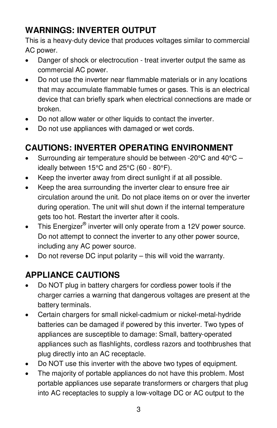 Energizer EN1100 manual Appliance Cautions 