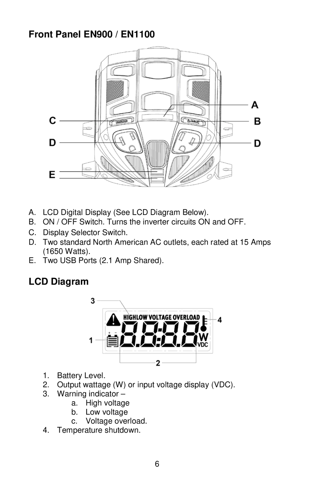 Energizer manual Front Panel EN900 / EN1100, LCD Diagram 