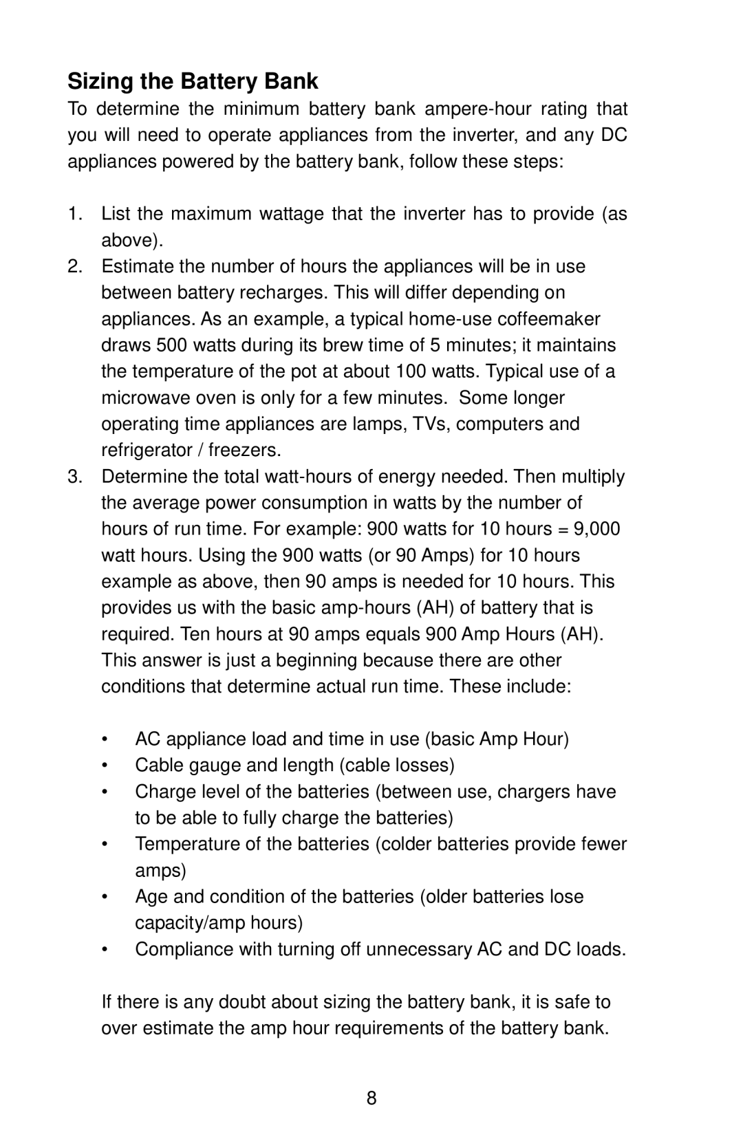 Energizer EN1100 manual Sizing the Battery Bank 