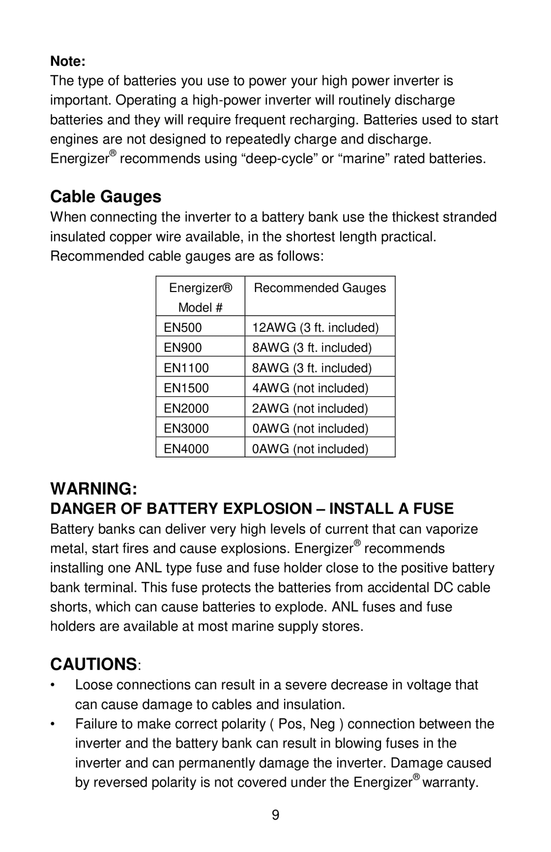 Energizer EN1100 manual Cable Gauges 