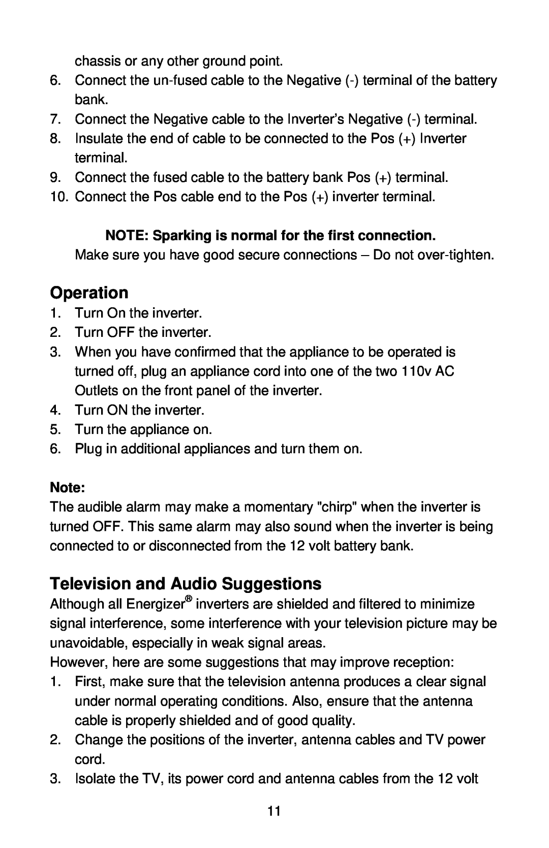 Energizer EN1100 manual Operation, Television and Audio Suggestions, NOTE Sparking is normal for the first connection 