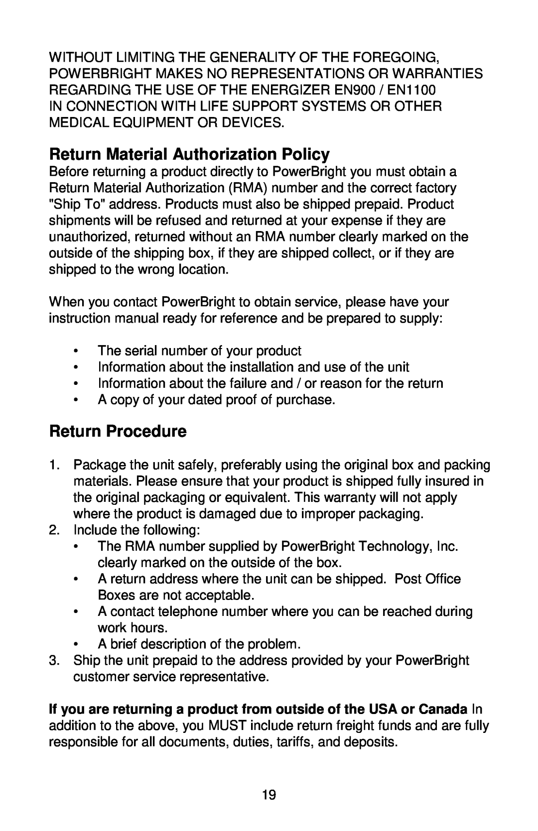Energizer EN1100 manual Return Material Authorization Policy, Return Procedure 