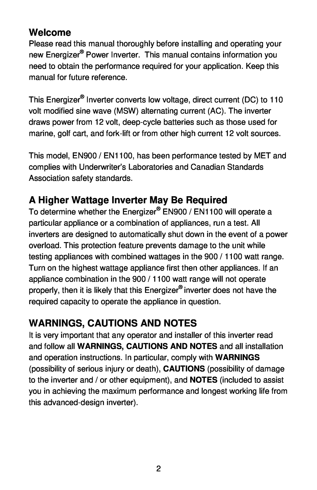 Energizer EN1100 manual Welcome, A Higher Wattage Inverter May Be Required, Warnings, Cautions And Notes 