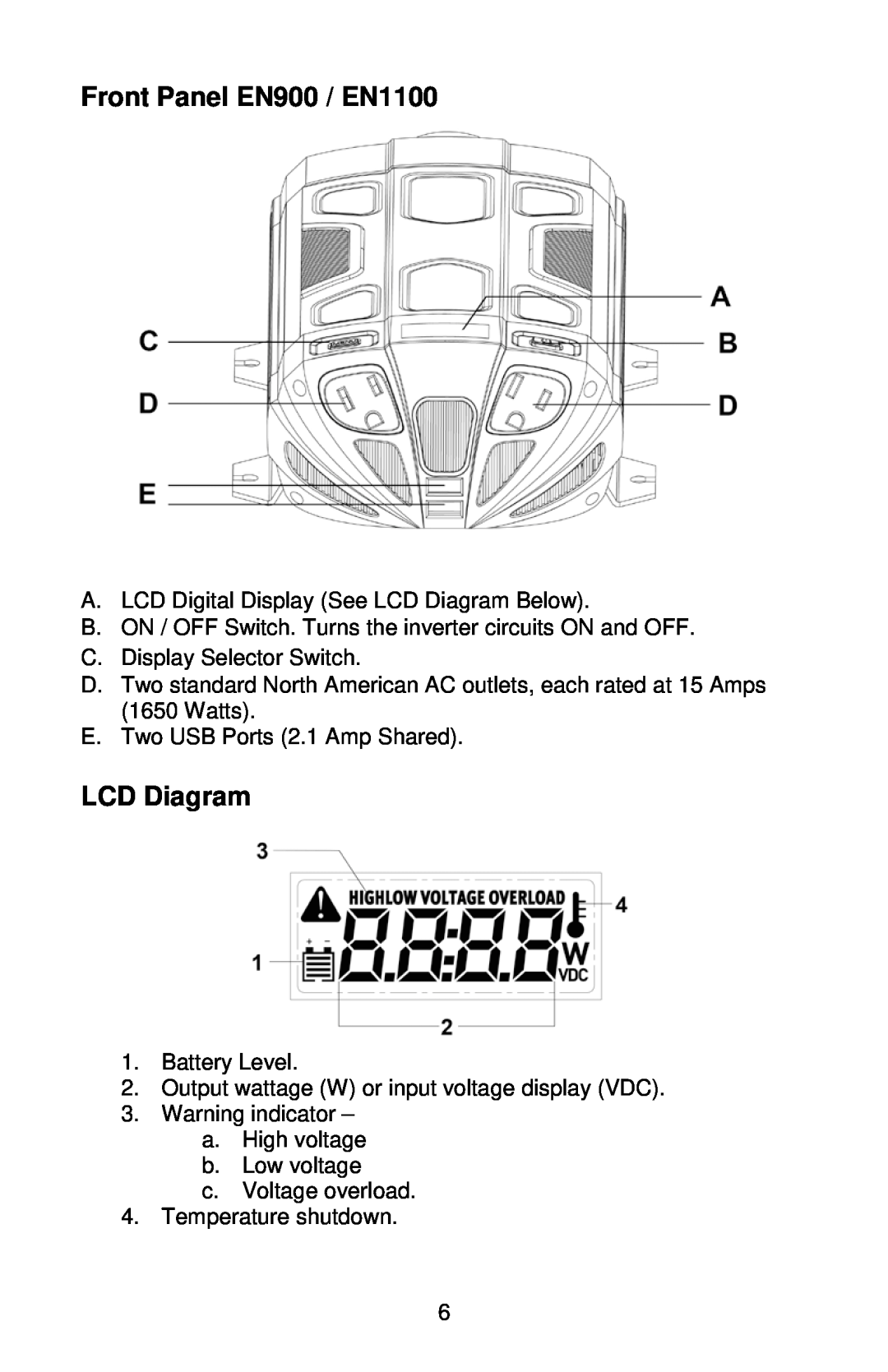 Energizer manual Front Panel EN900 / EN1100, LCD Diagram 