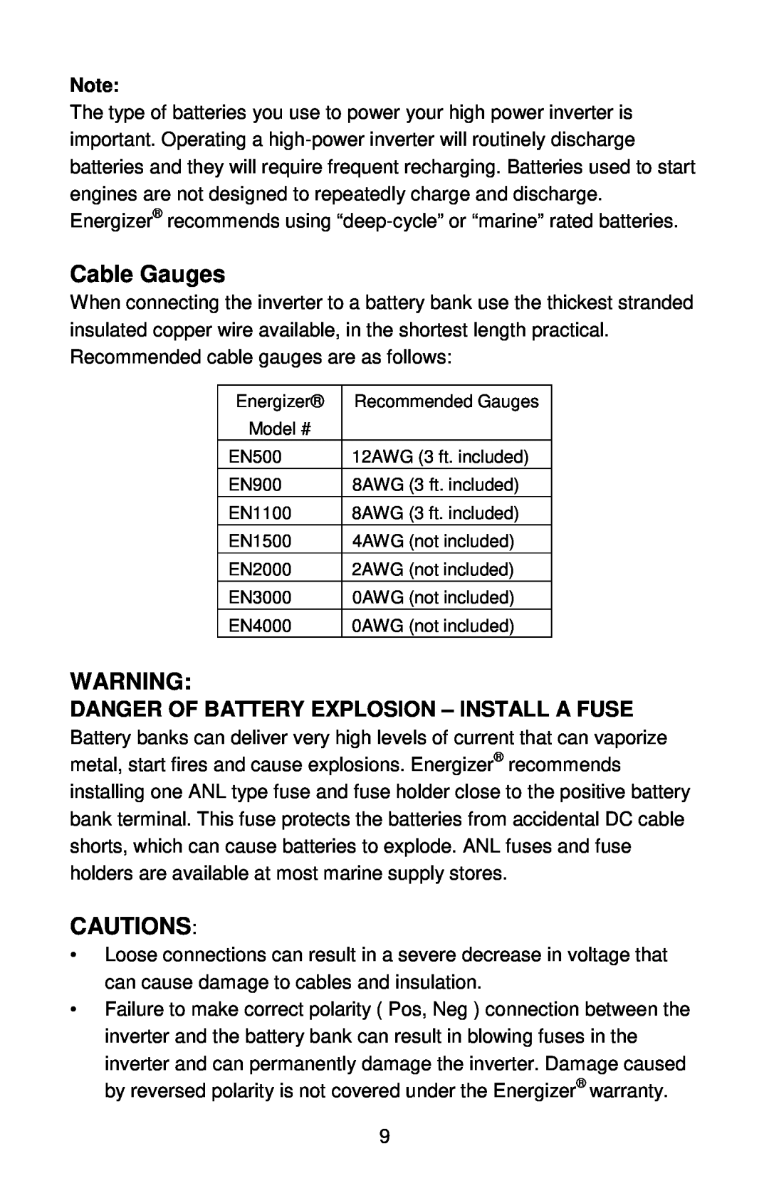 Energizer EN1100 manual Cable Gauges, Cautions, Danger Of Battery Explosion - Install A Fuse 