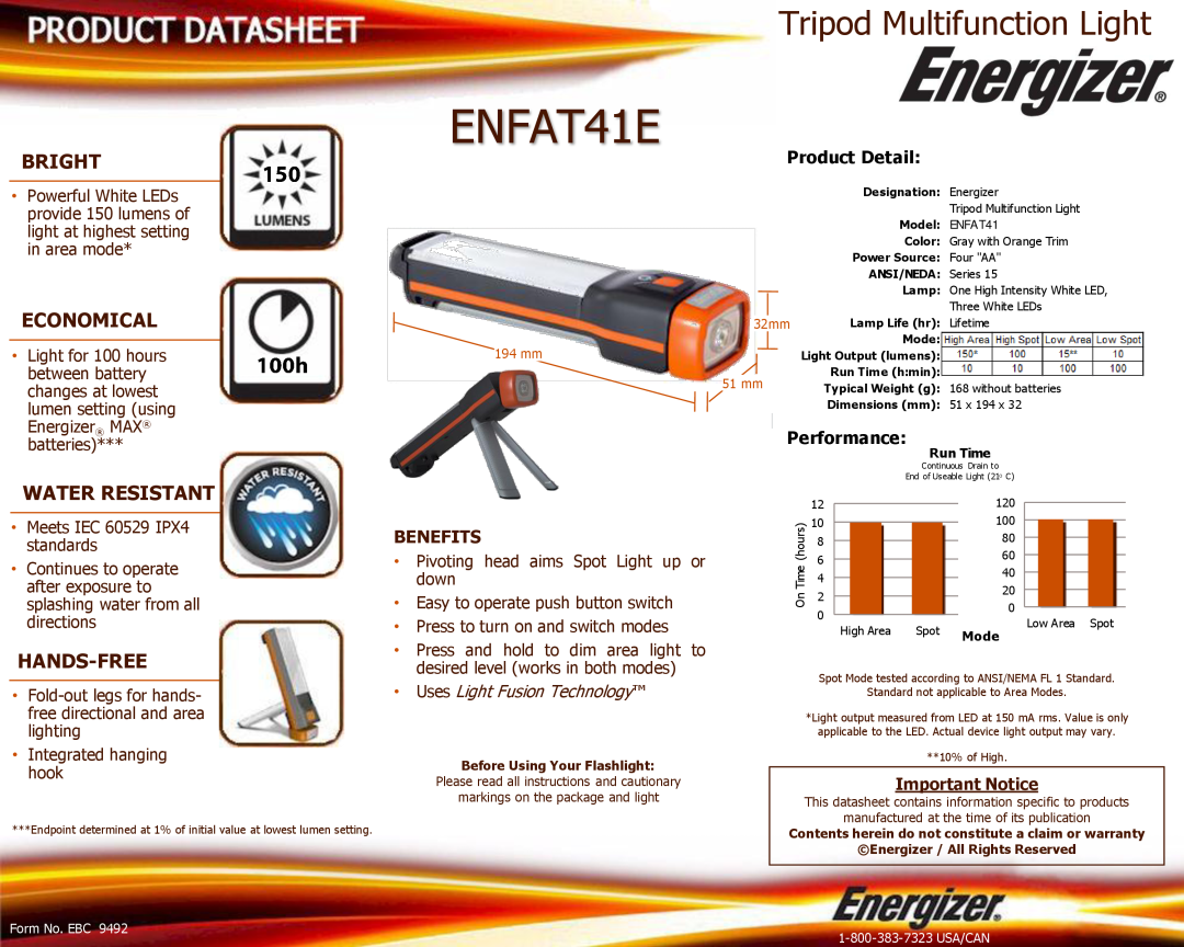 Energizer ENFAT41E dimensions Tripod Multifunction Light, Bright, Economical, Water Resistant, Hands-Free, Benefits 