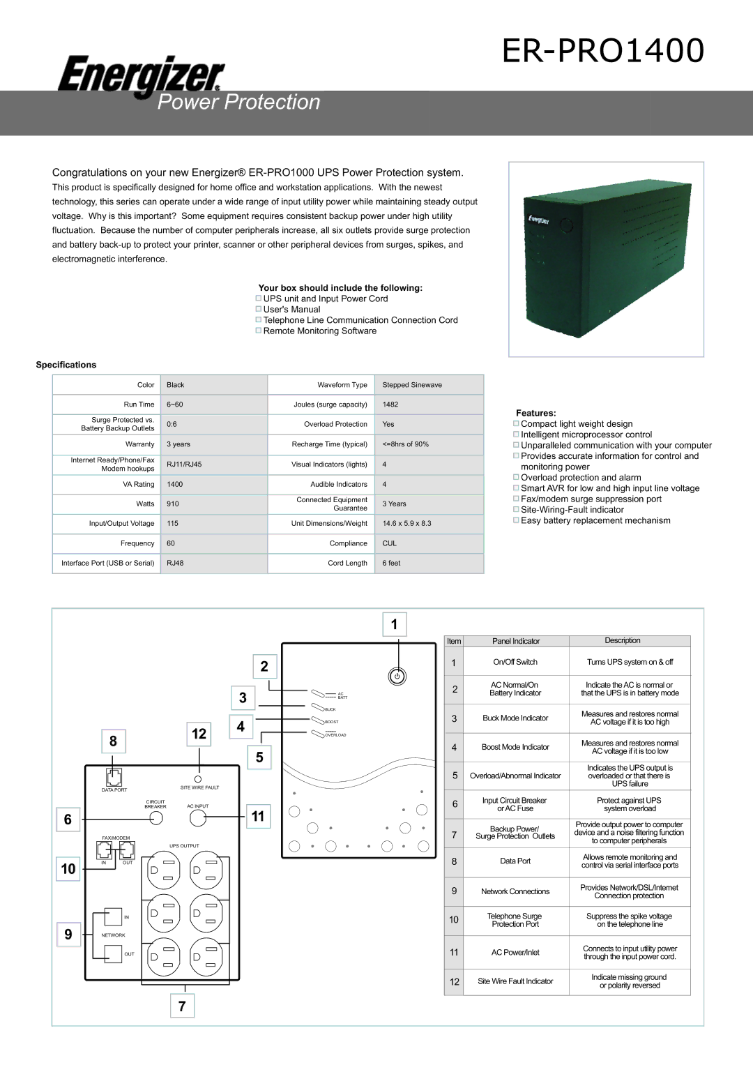 Energizer ER-PRO1400 specifications Your box should include the following, Specifications, Features 