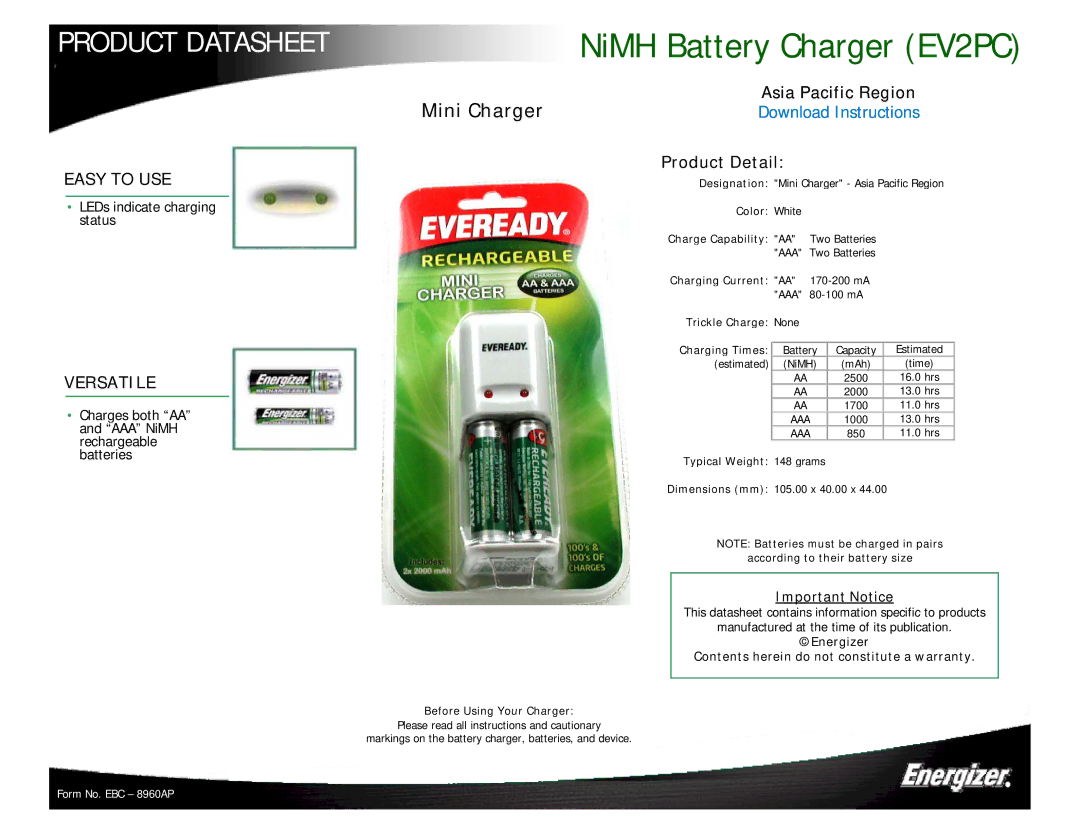 Energizer EV2PC dimensions Easy to USE, Versatile 