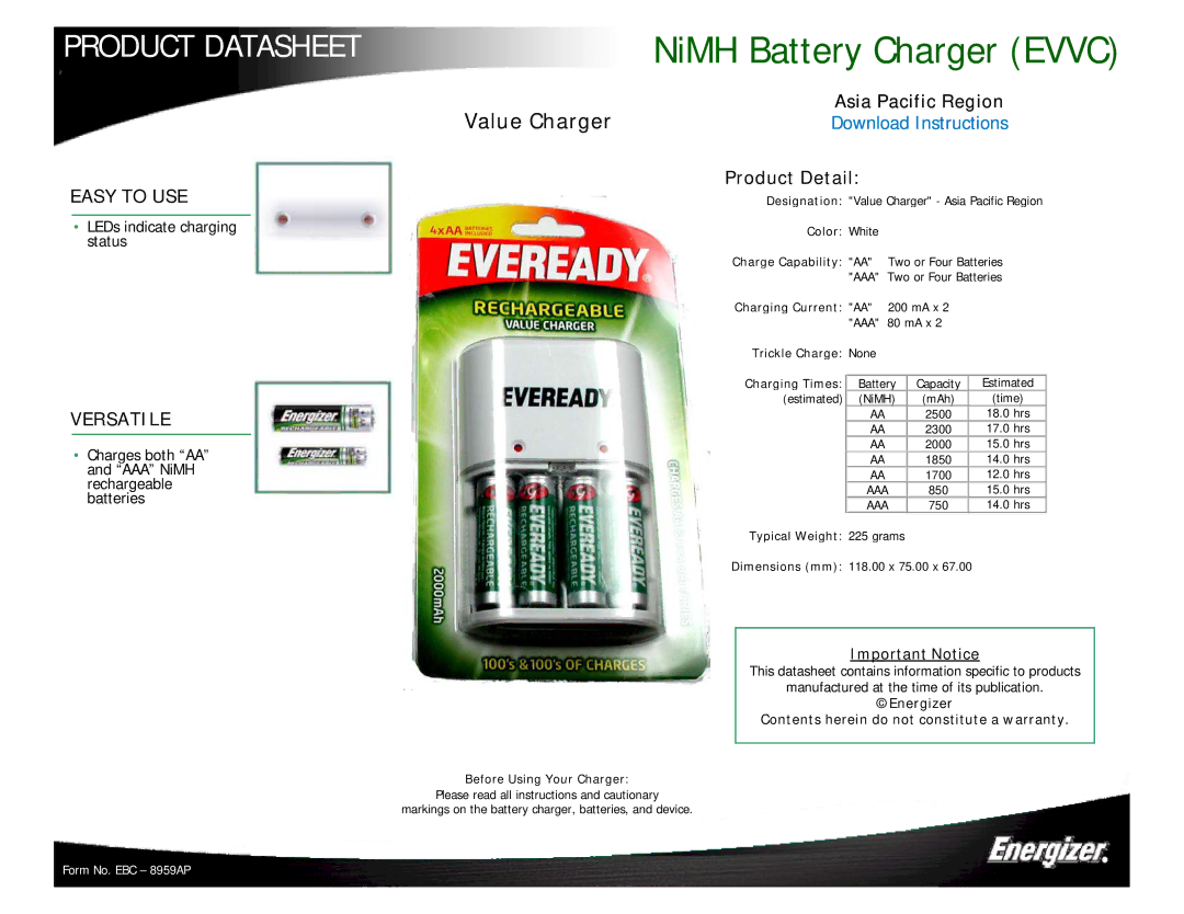 Energizer EVVC dimensions Easy to USE, Versatile 