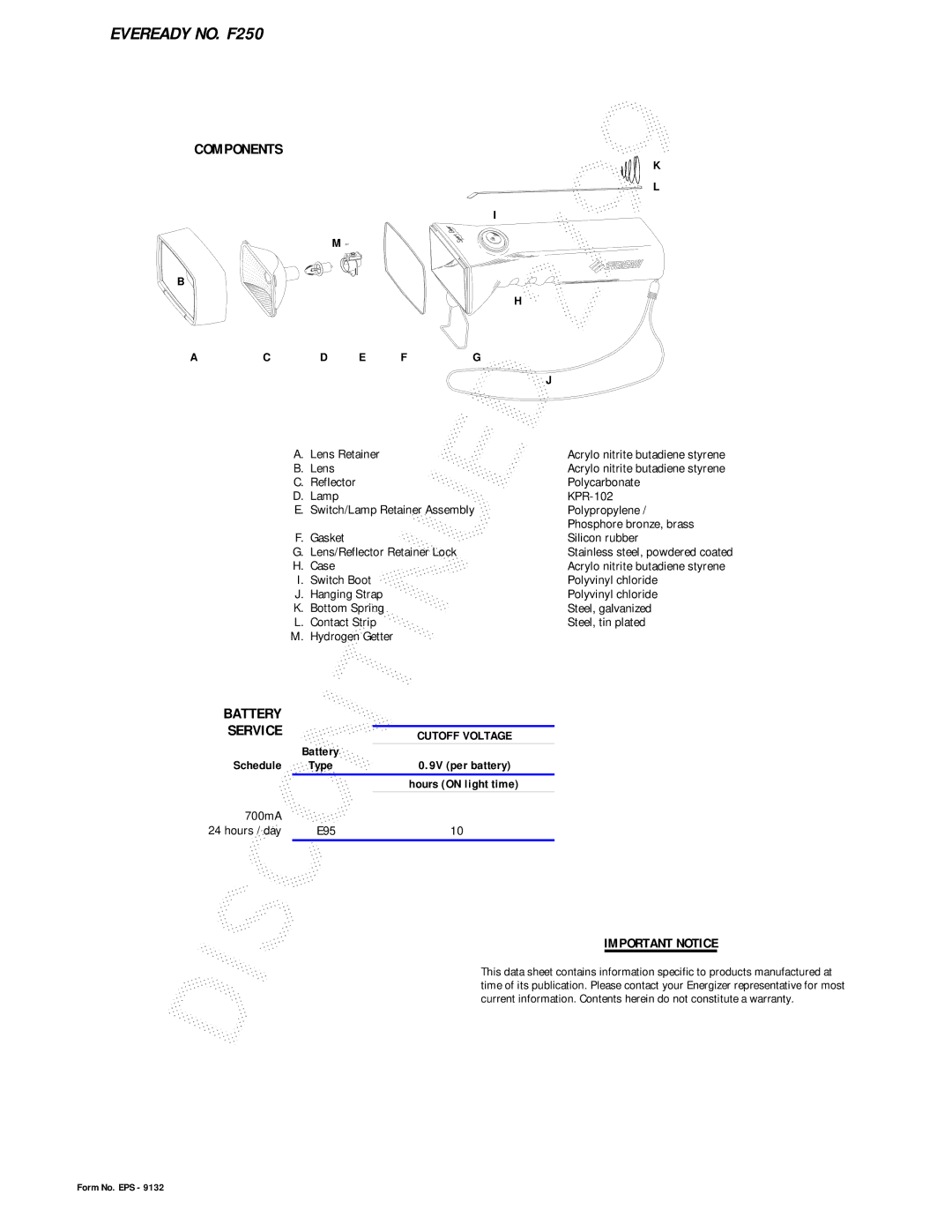 Energizer F250 dimensions Components, Battery Service, Important Notice, Ac D E Fg 