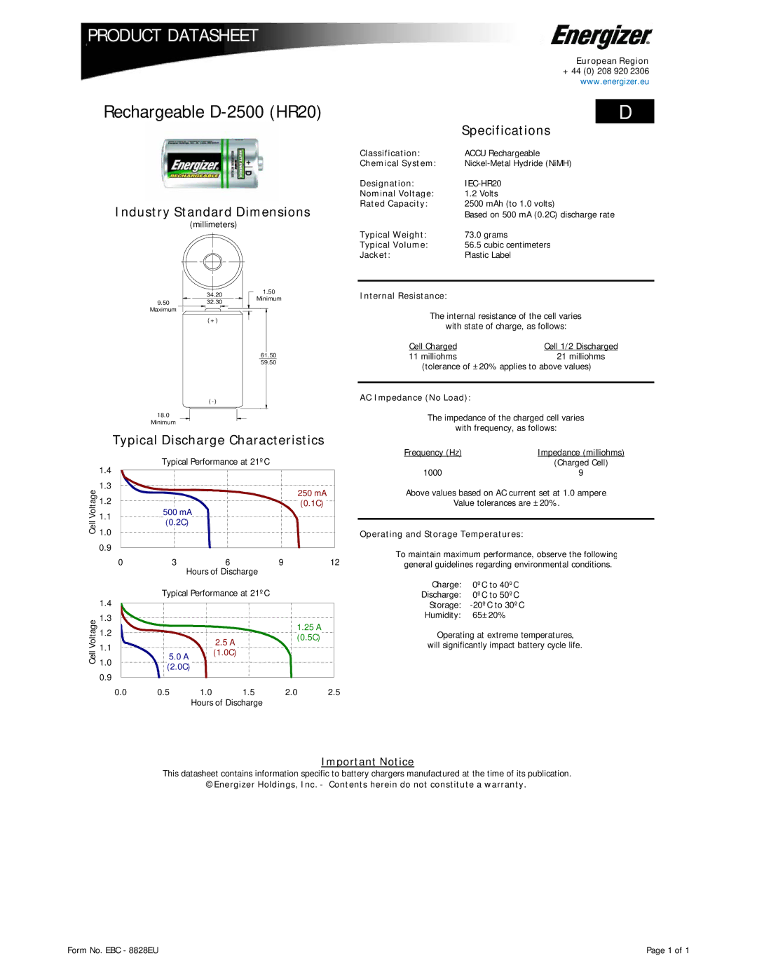 Energizer specifications Product Datasheet, Rechargeable D-2500 HR20, Industry Standard Dimensions, Specifications 