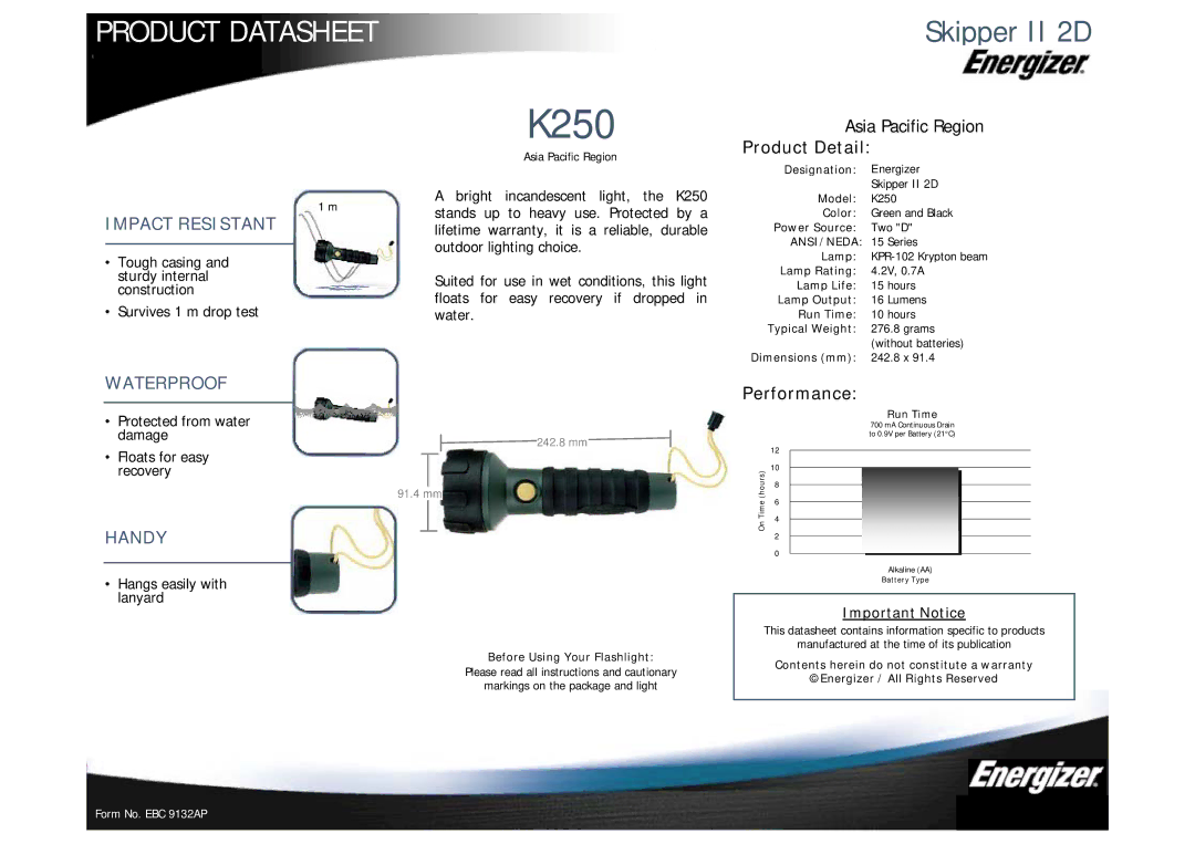 Energizer K250 warranty Skipper II 2D, Impact Resistant, Waterproof, Handy 