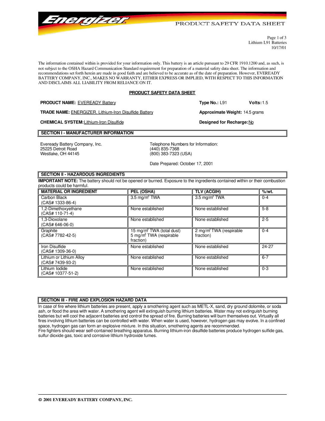 Energizer L91 warranty Product Safety Data Sheet, Section I Manufacturer Information, Section II Hazardous Ingredients 