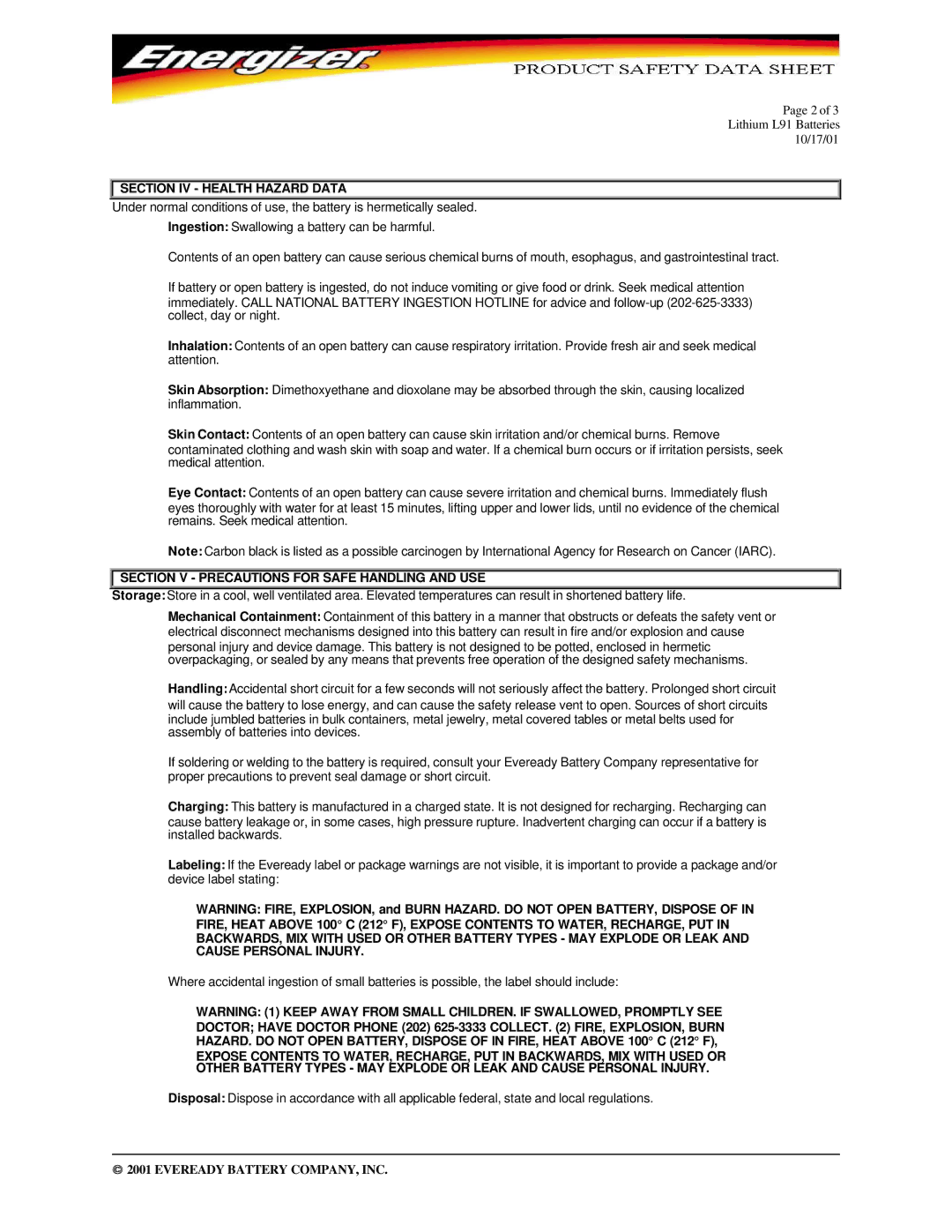 Energizer L91 warranty Section IV Health Hazard Data, Section V Precautions for Safe Handling and USE 