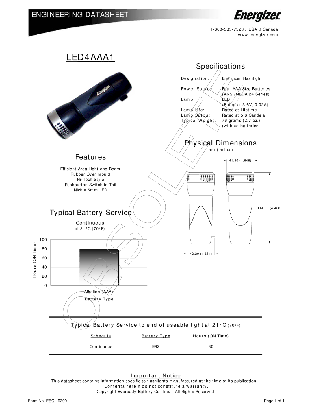 Energizer LED4AAA1 dimensions Specifications, Physical Dimensions, Features, Typical Battery Service 