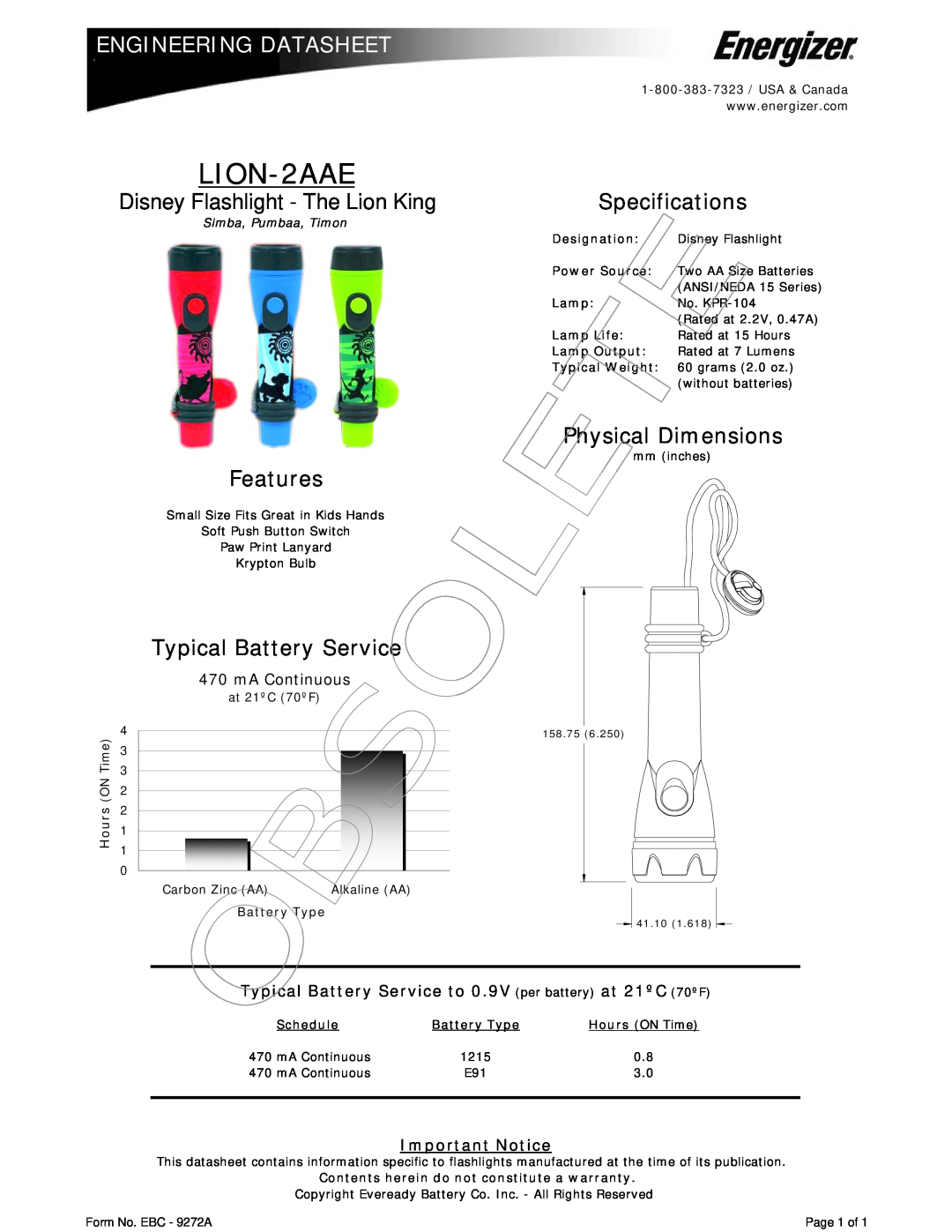 Energizer LION-2AAE dimensions Engineering Datasheet, Disney Flashlight - The Lion King, Features, Typical Battery Service 