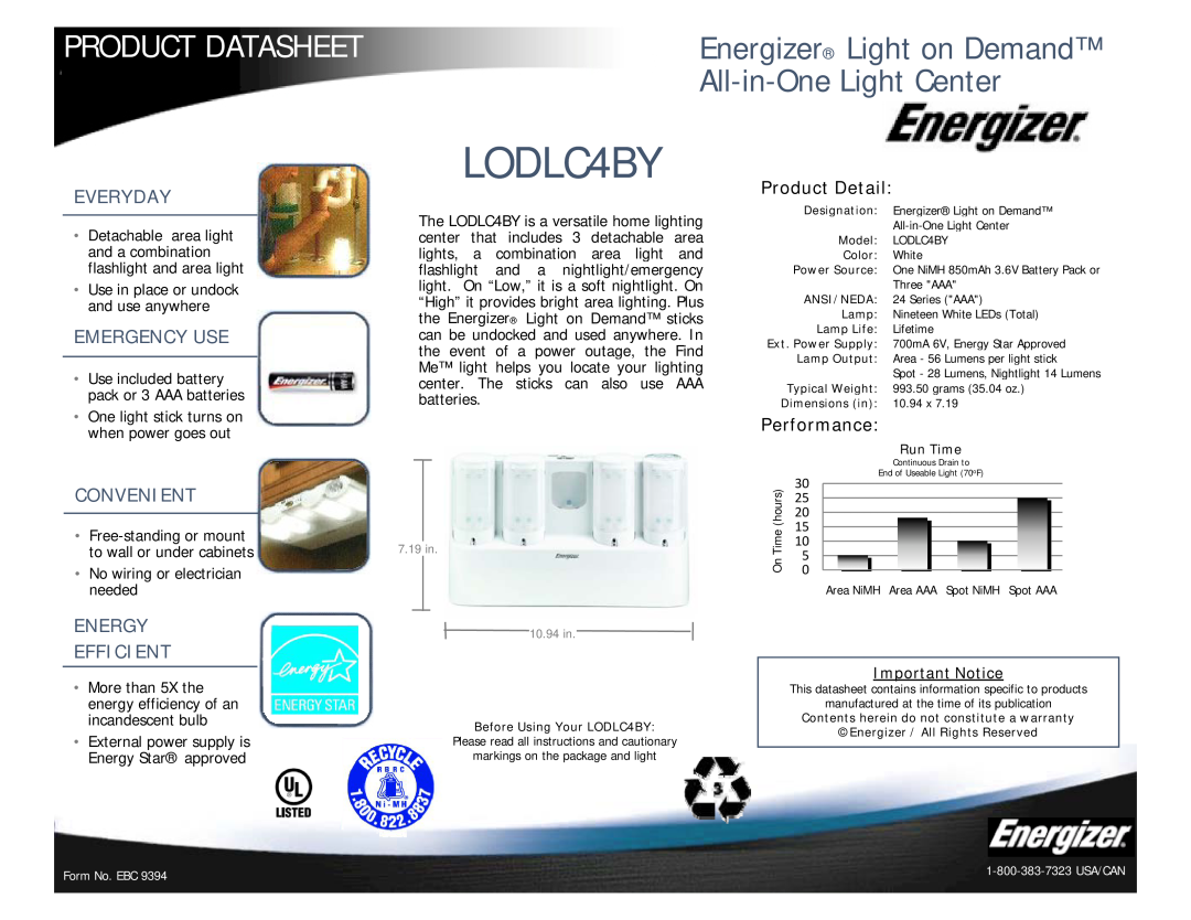 Energizer LODLC4BY dimensions Product Datasheet, Energizer Light on Demand All-in-OneLight Center, Everyday, Emergency Use 