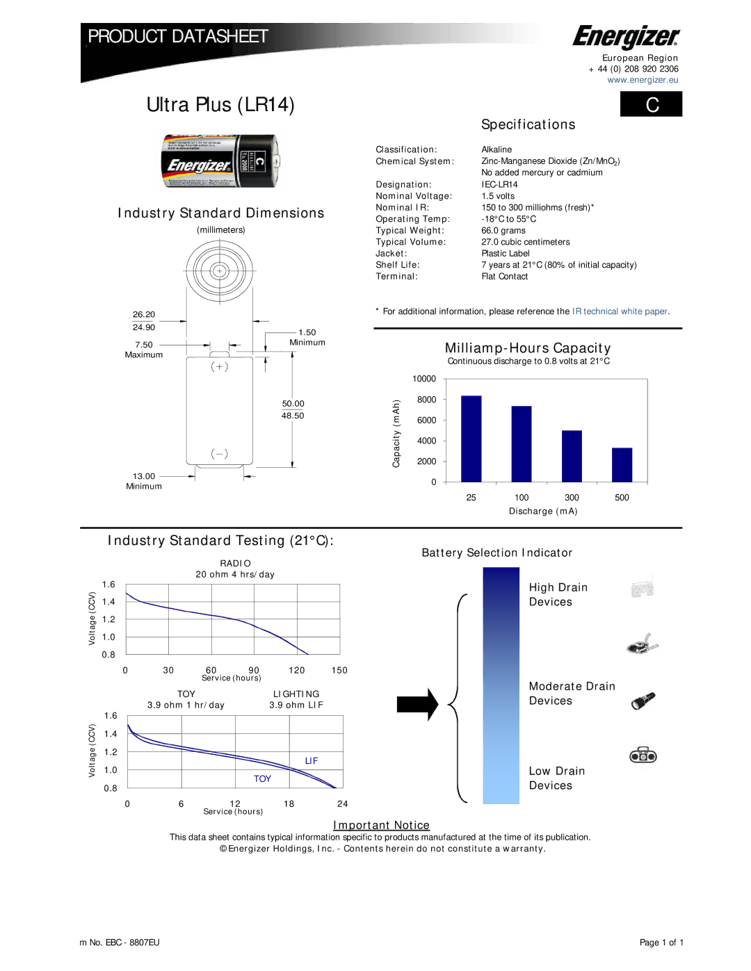 Energizer dimensions Ultra Plus LR14, Industry Standard Dimensions, Specifications, Milliamp-Hours Capacity 