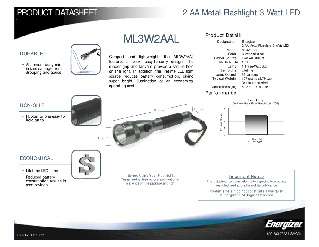 Energizer ML3W2AAL dimensions Product Datasheet, Durable, Non-Slip, Economical 