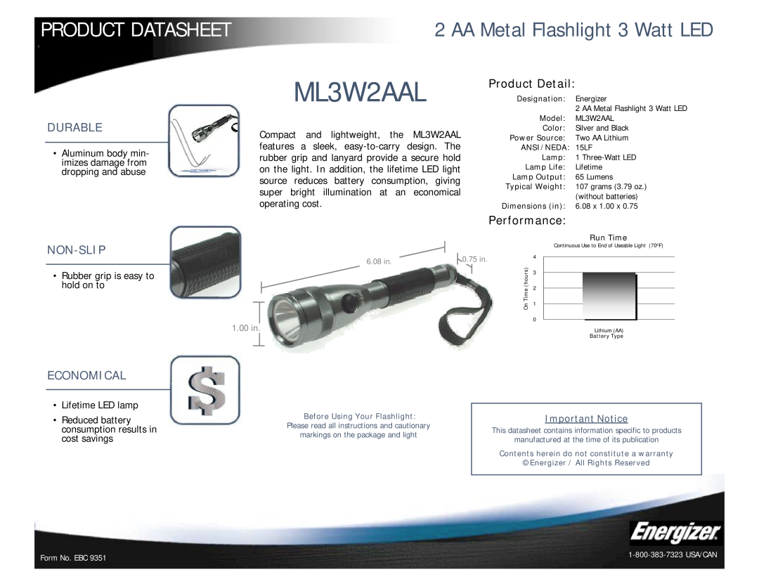 Energizer ML3W2AAL dimensions Product Datasheet, AA Metal Flashlight 3 Watt LED, Durable, Product Detail, Performance 