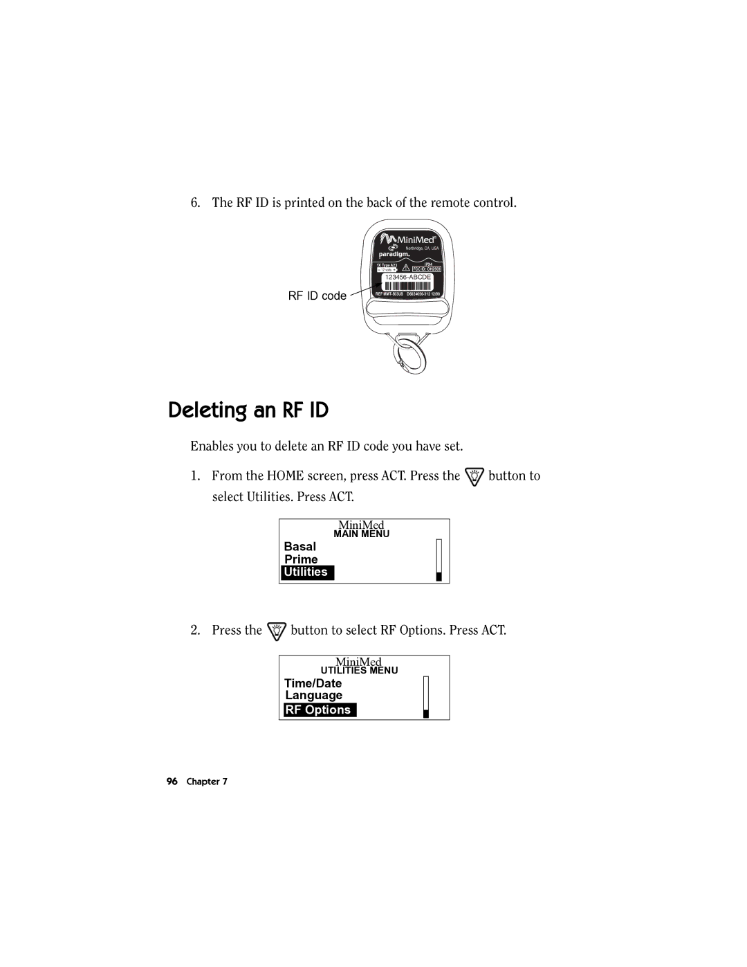 Energizer MMT-511 manual Deleting an RF ID, RF ID is printed on the back of the remote control 