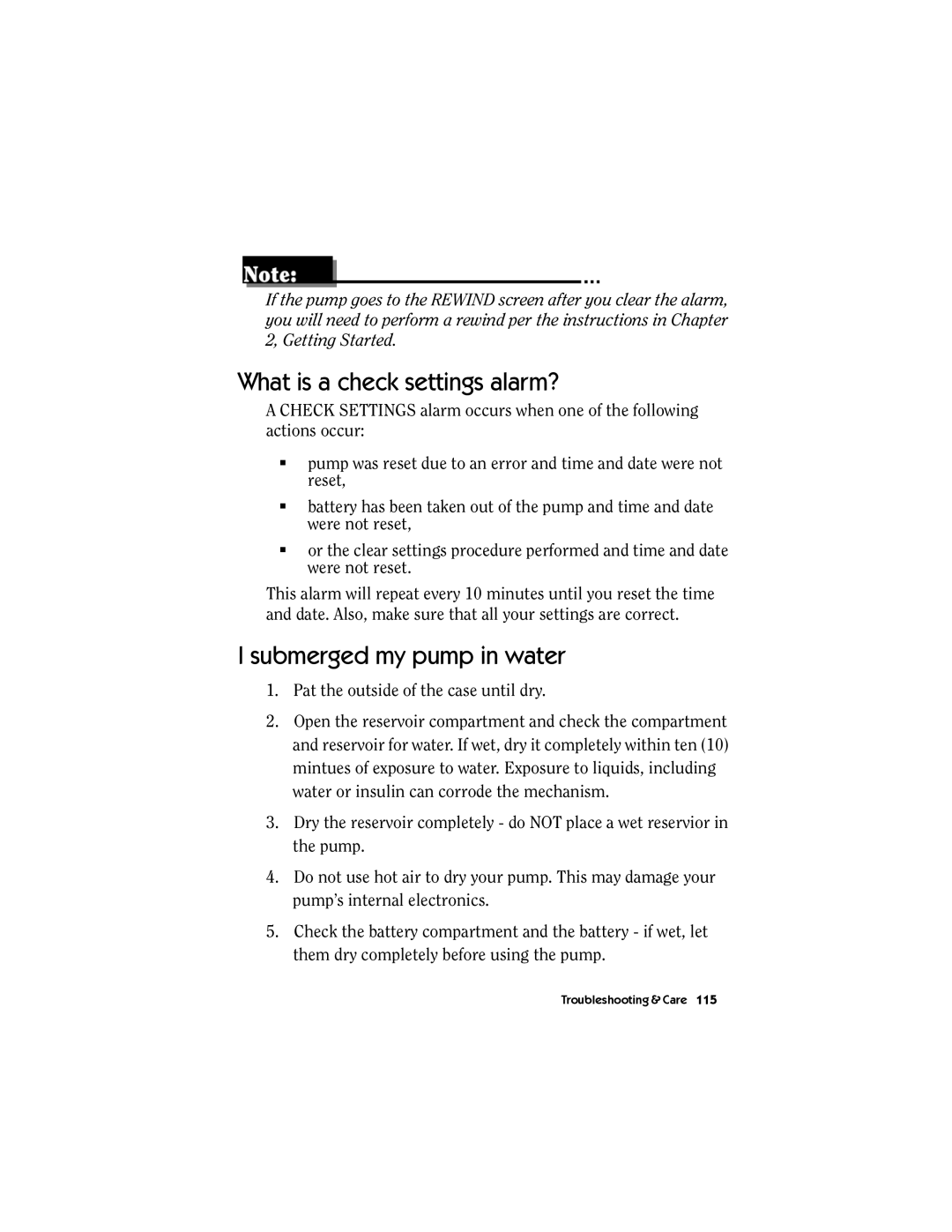 Energizer MMT-511 manual What is a check settings alarm?, Submerged my pump in water 