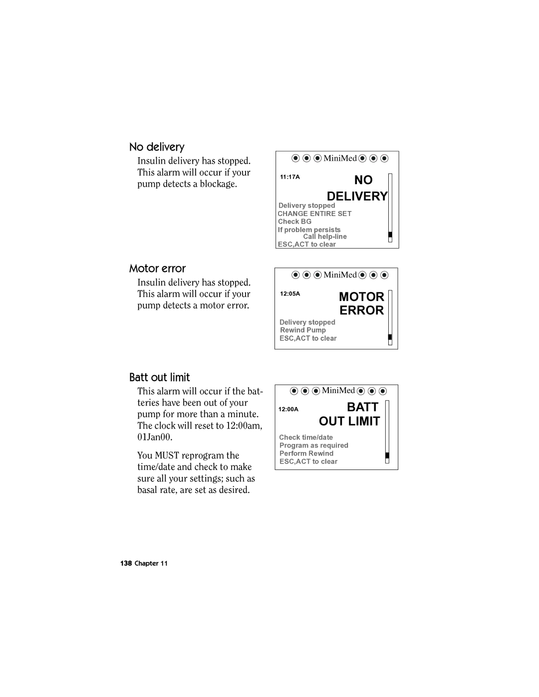 Energizer MMT-511 manual No delivery, Motor error, Batt out limit 