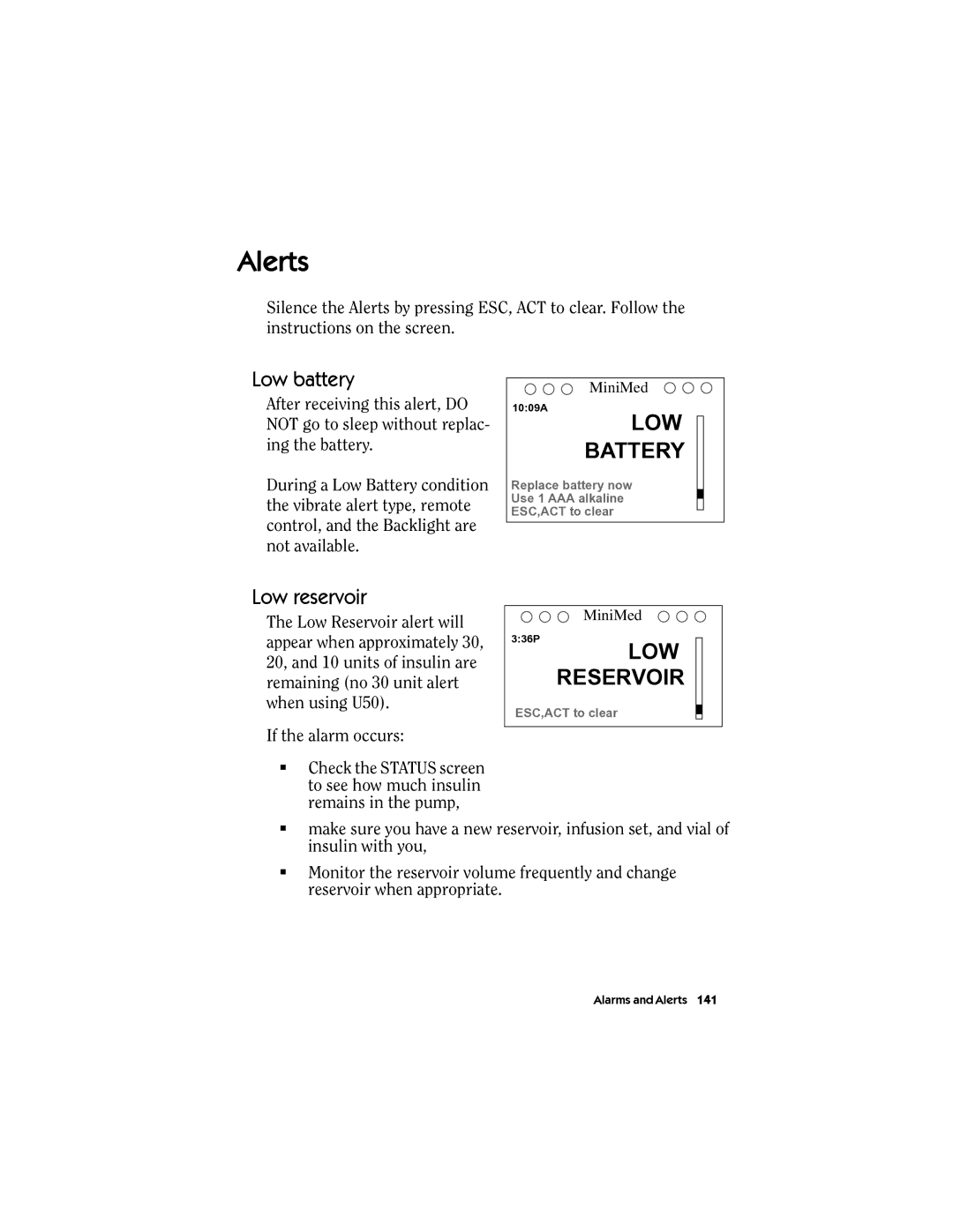 Energizer MMT-511 manual Alerts, Low battery, Low reservoir 