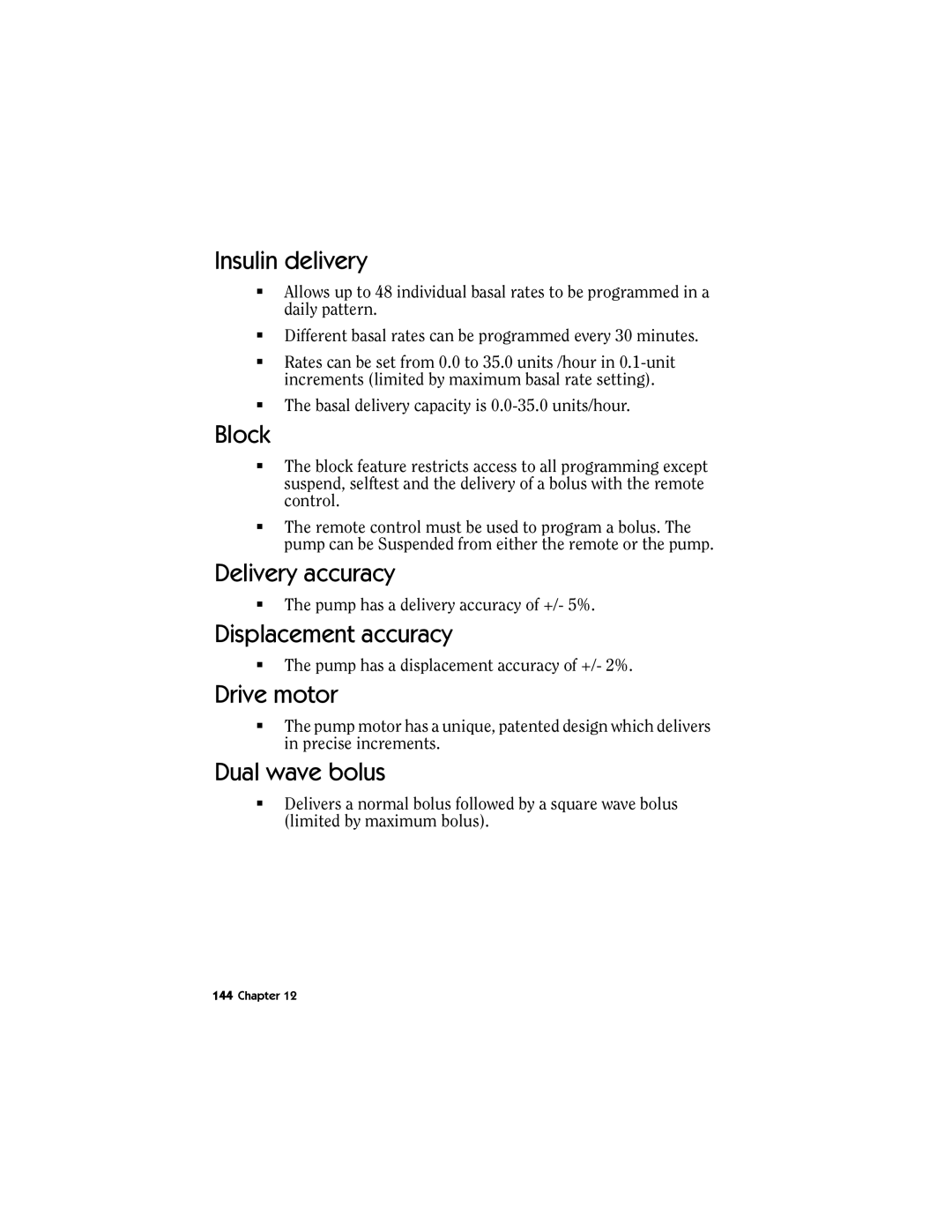 Energizer MMT-511 manual Insulin delivery, Block, Delivery accuracy, Displacement accuracy, Drive motor 